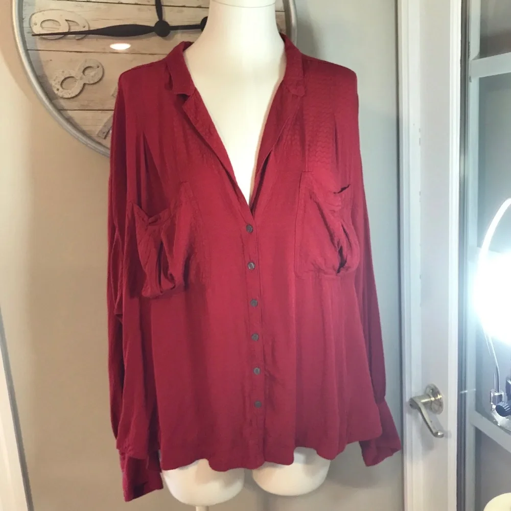 Women's Red Button-Front Oversized Blouse